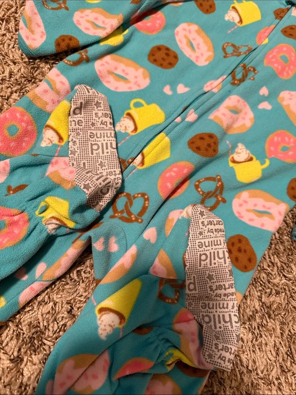 Kids Teal Fleece One-Piece Pajamas with Snack Print